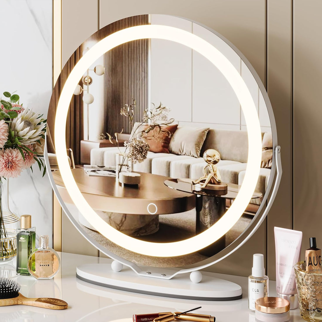 Garvee 19" Vanity Mirror with Led Lights, Large Round Makeup Mirror with Touch Control and 3 Color Lighting Modes, 360° Rotating Vanity Mirror for Bedroom, Table Top, Easy to Install, White