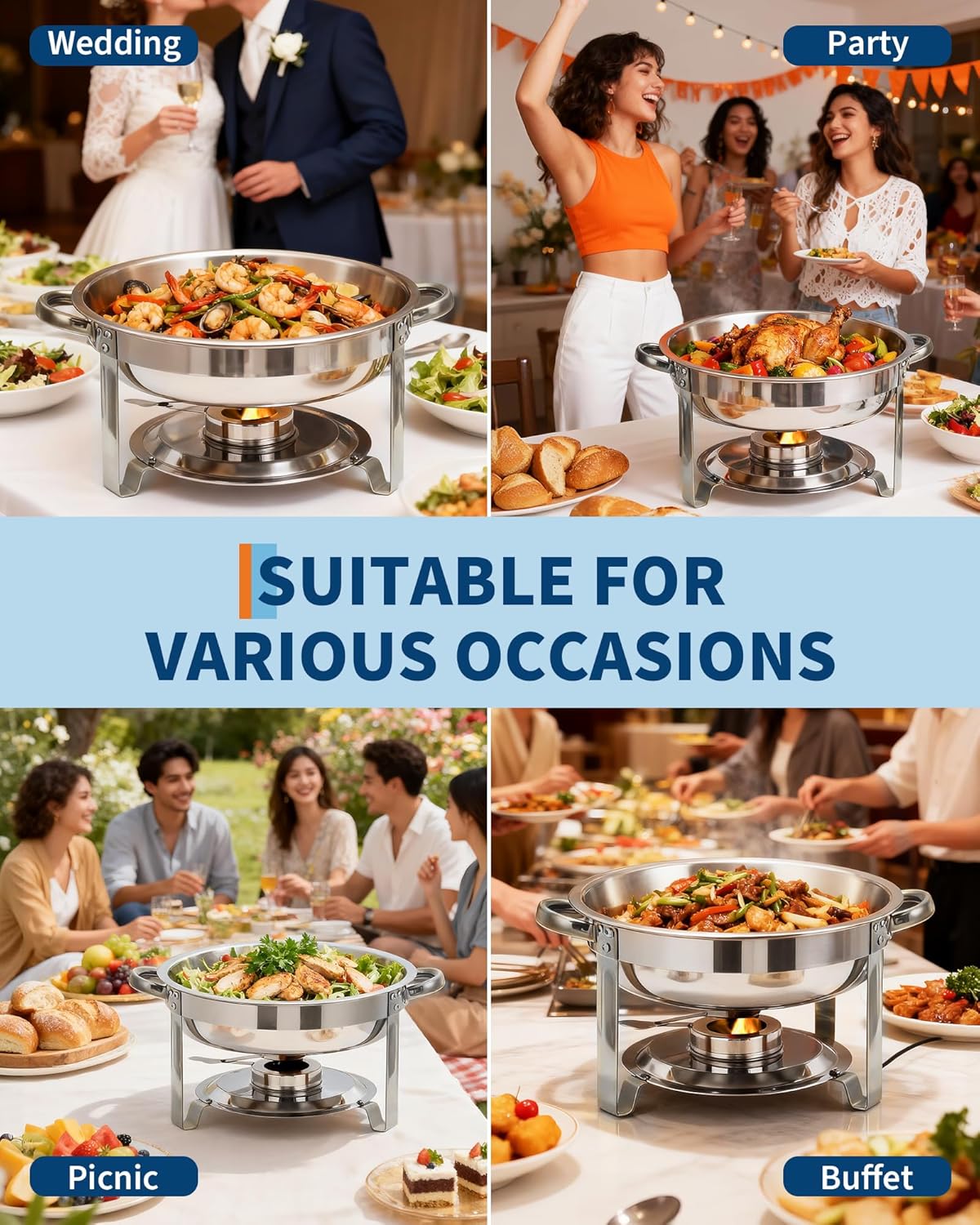 Garvee Commercial Grade 6 Pack 5QT Stainless Steel Round Chafing Dish Buffet Set - Durable Insulated Food Warmer with Stackable Lids for Catering, Parties, Weddings, Banquets - Portable Buffet Server, 6pcs