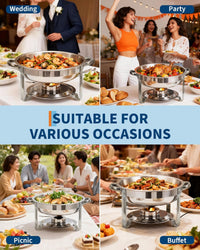 Garvee Industrial 4 Pack 5QT Stainless Steel Round Chafing Dish Buffet Set - Insulated Food Warmer with Stackable Lids for Catering, Parties, Weddings, Banquets - Durable Portable Server, 4pcs