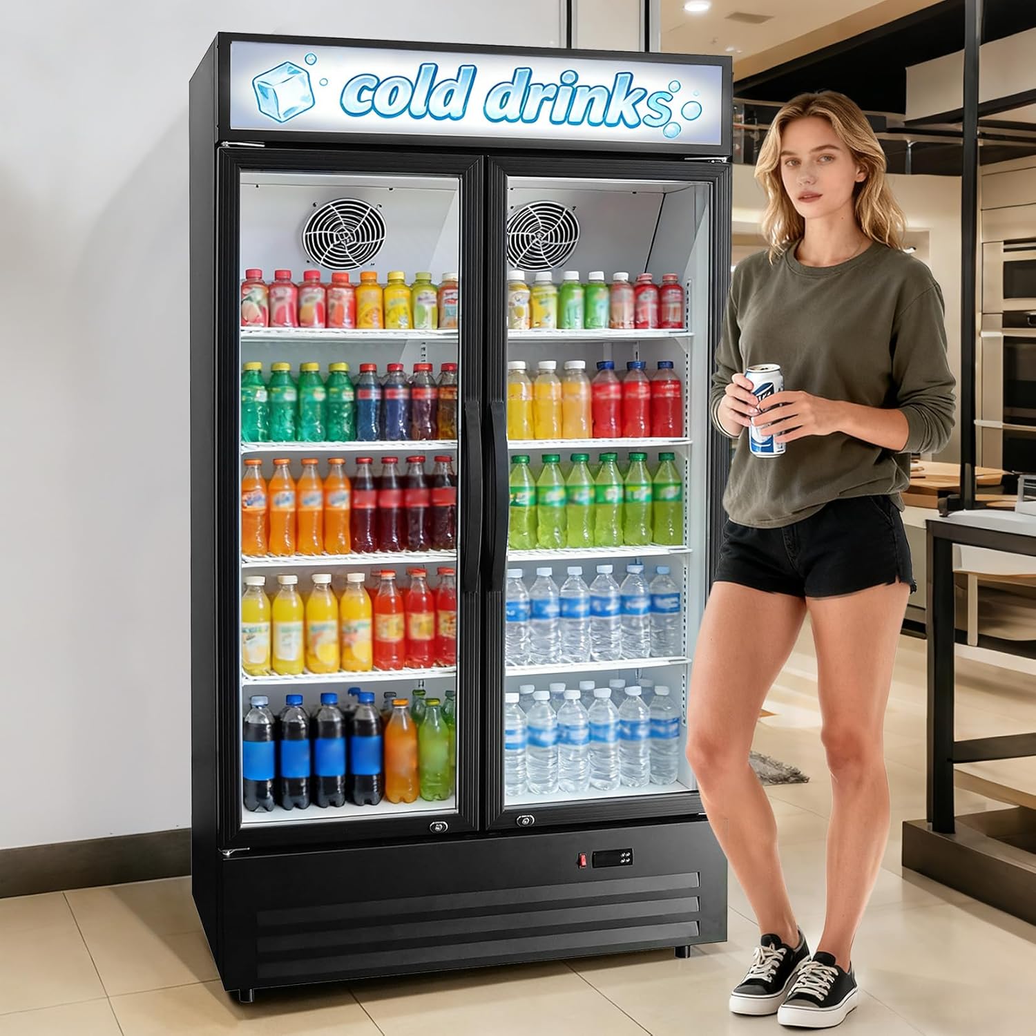 GARVEE 34.8 Cu.ft Double Door Commercial Beverage Cooler - 580-Can Glass Display Fridge | Frost-Free Air-Cooled, RGB Lights, Adjustable Shelves | for Bar/Restaurant/Store (Black)