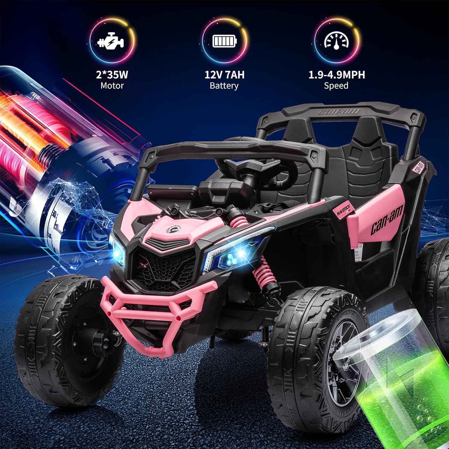Garvee Ride - P Series: 12V Can-Am Ride-On UTV: Remote Control, Large Seat, Music, LED Lights, Spring Suspension, for Boys & Girls - Pink