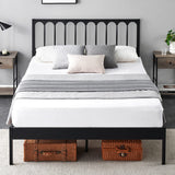Garvee Full Size Metal Platform Bed Frame with Wave Wooden Headboard, Heavy Duty Slats, Noise-Free, Easy Assembly, Black - black