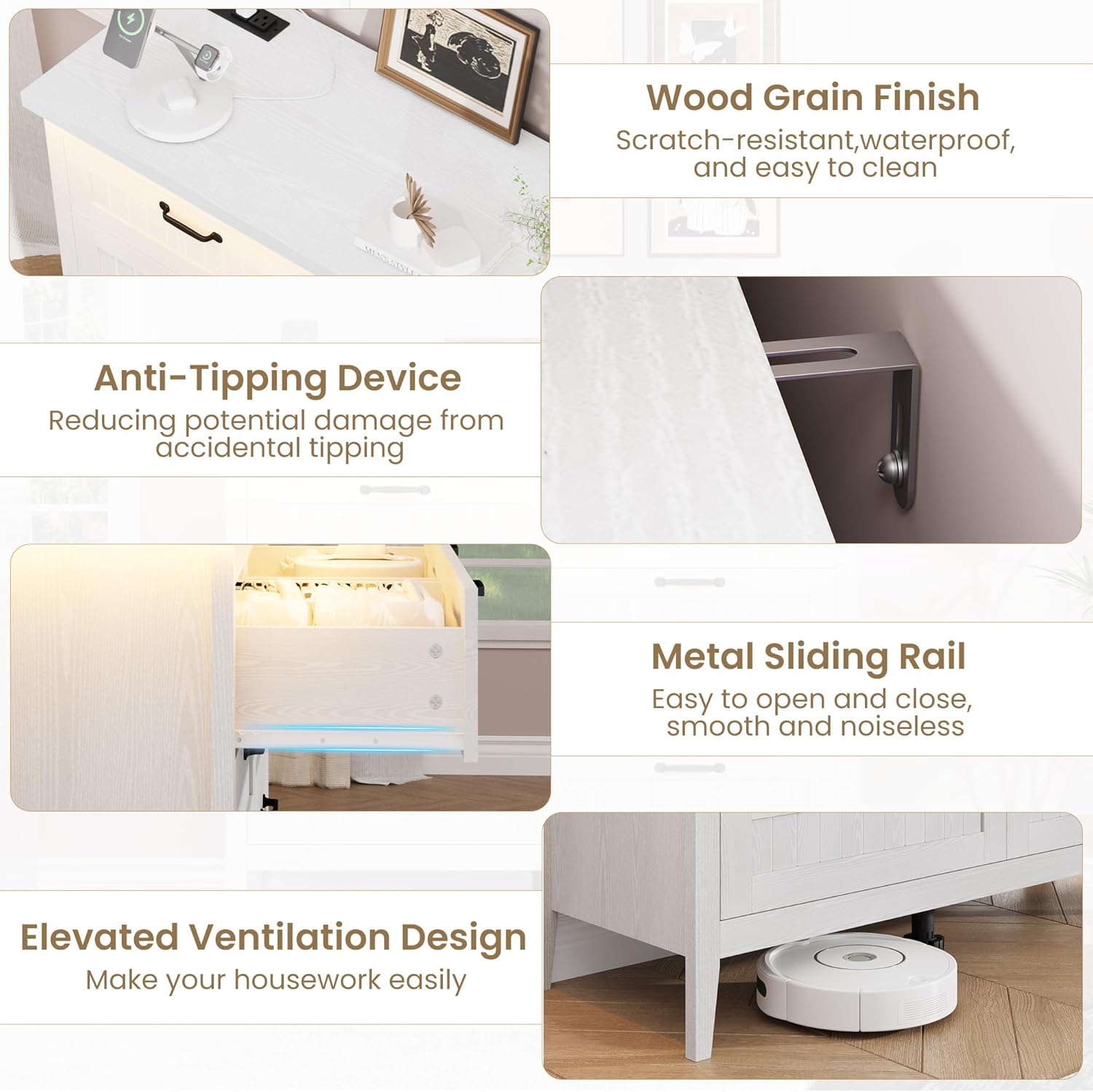 Garvee 8 Drawer Dresser with Power Outlet, White Dresser with LED Light, Modern Chest of Drawers for Closet, Double Wide Drawer Organizer Cabinet for Bedroom, Living Room