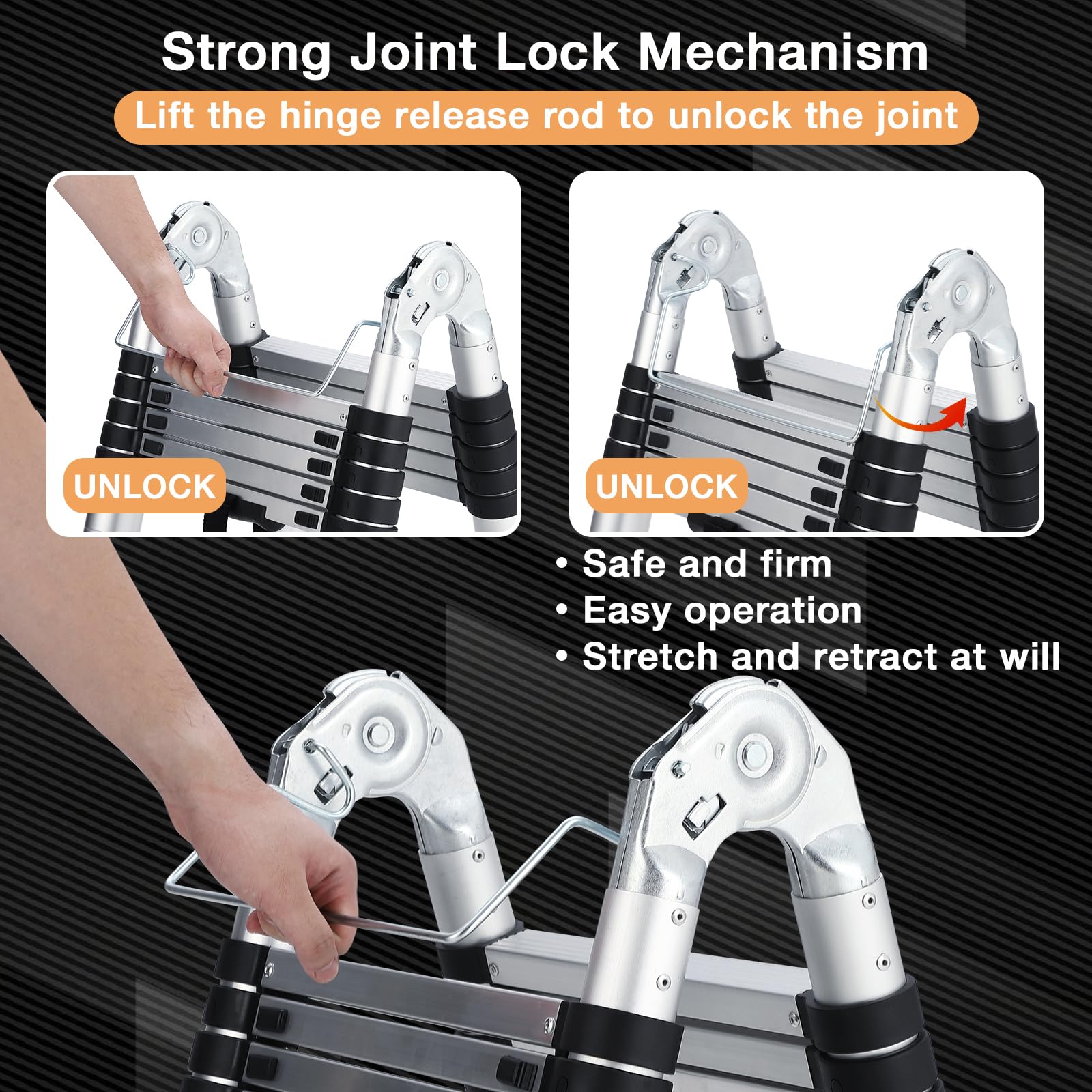 GARVEE telescoping ladder joint lock mechanism with hinge release rod for height adjustment