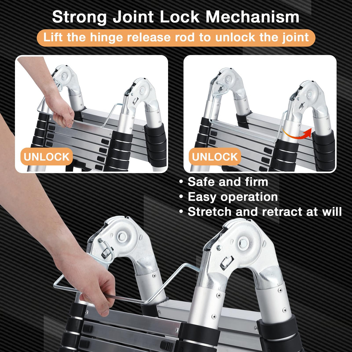 GARVEE telescoping ladder joint lock mechanism with hinge release rod for height adjustment