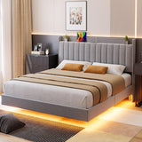 Garvee Full Floating Bed Frame with Charging Station & Storage Headboard, Upholstered Platform Full Size Bed Frame with LED Lights, Solid Wood Slats, Gray - grey