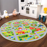 Garvee 4ft Round Kids Play Rug, City Road Traffic Carpet with Non-Slip Backing, Low Pile Educational Car Mat for Toddler Bedroom Playroom - Gray Street