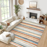 Garvee Large Living Room Rug Green Multi 10x13 Washable Modern Strip Area Rug with Non-Slip Backing, Stain-Resistant Contemporary Floor Cover, Soft Low Pile Accent Carpet for Bedroom - Green Multi