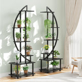 Garvee 2 Pack 6 Tier Tall Plant Stand Metal Indoor + Half Moon Design + Detachable Wheels + Drawers + 12 Pot Stands + Home Patio Lawn Garden - Black Wood Grain