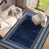 Garvee Navy Blue Washable Bordered Area Rug 8' × 10', Non Slip Low Pile Non Shedding Stain Resistant Rug, Modern Distressed Geometric Rug for Living Room Bedroom Dining Room - Navy Blue