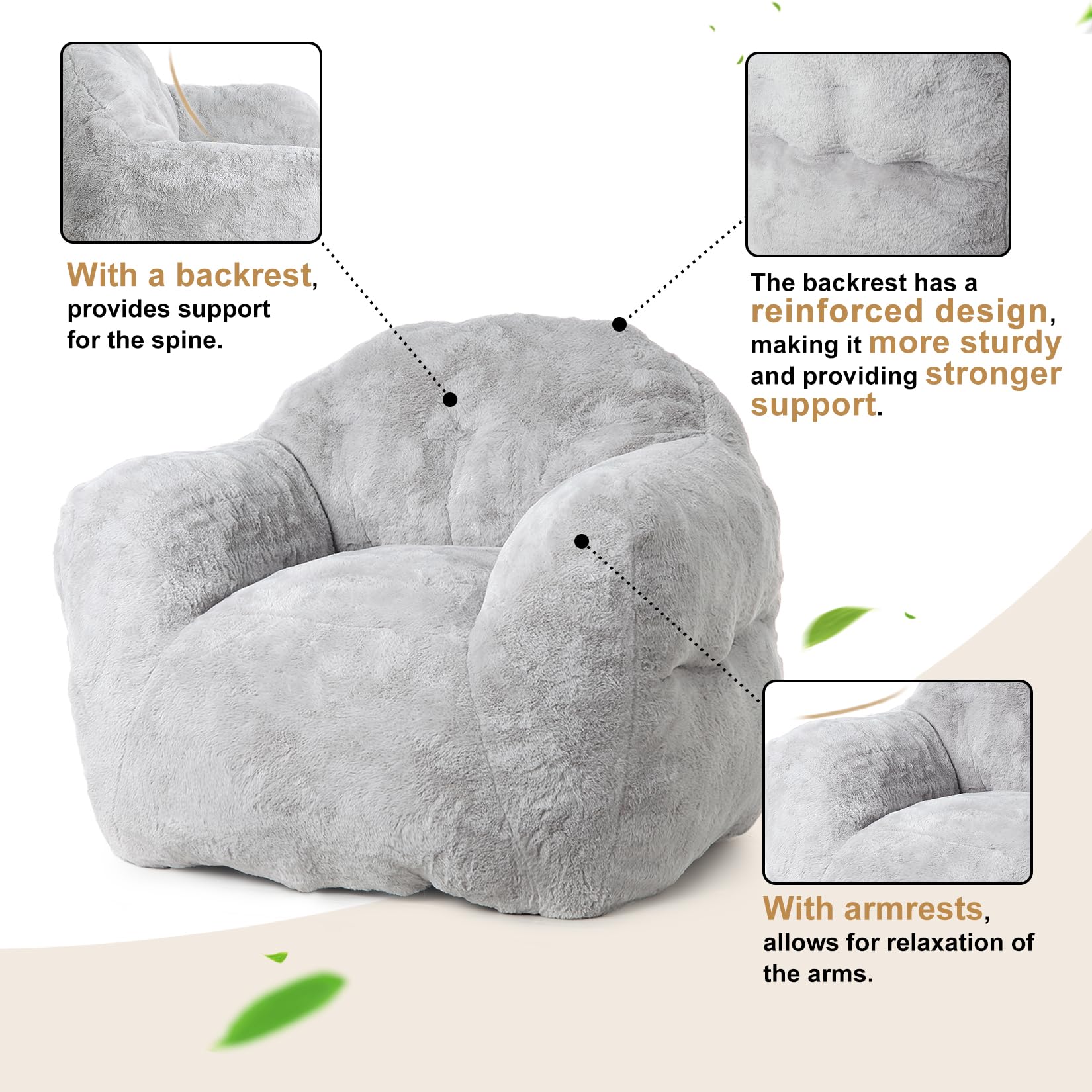 Gray bean bag chair with enhanced backrest and armrests