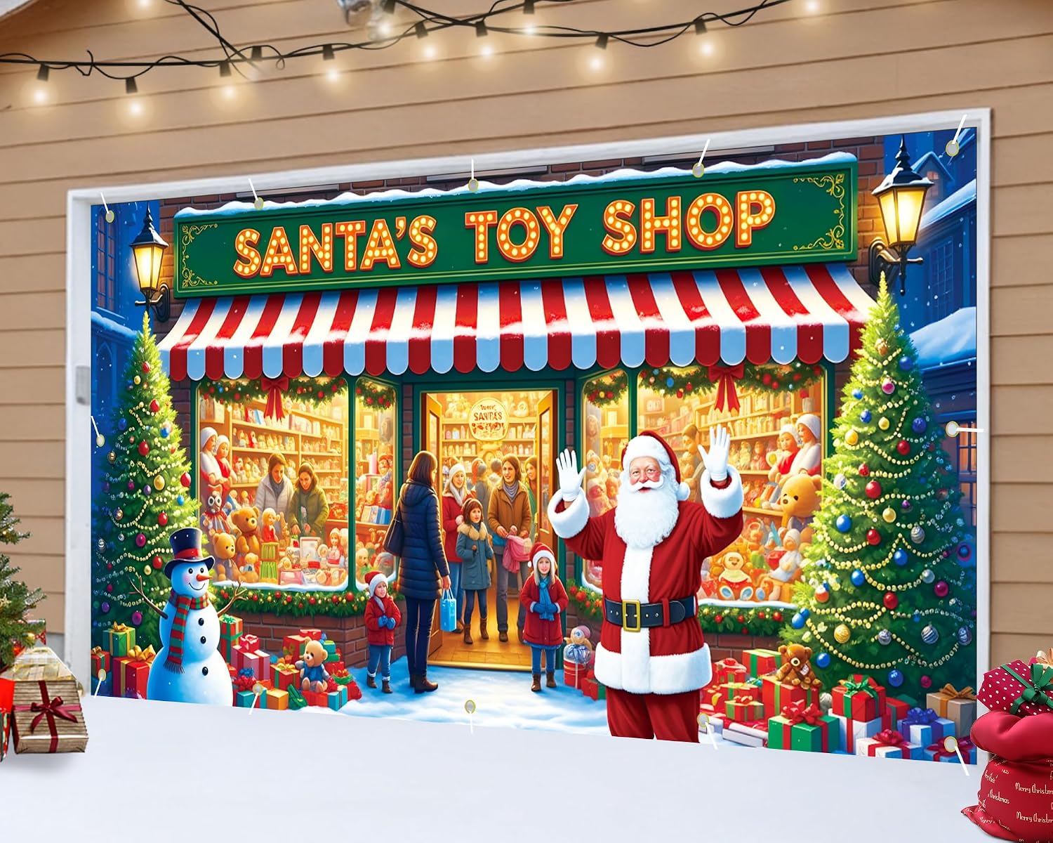 Garvee Santa's Workshop Garage Door Cover - 7x16 ft Christmas Holiday Decor with 4x6 m Ribbon Strings | Polyester Santa & Elves Scene for Home, Church, Party Decorations | Durable, Reusable & Fade-Resistant