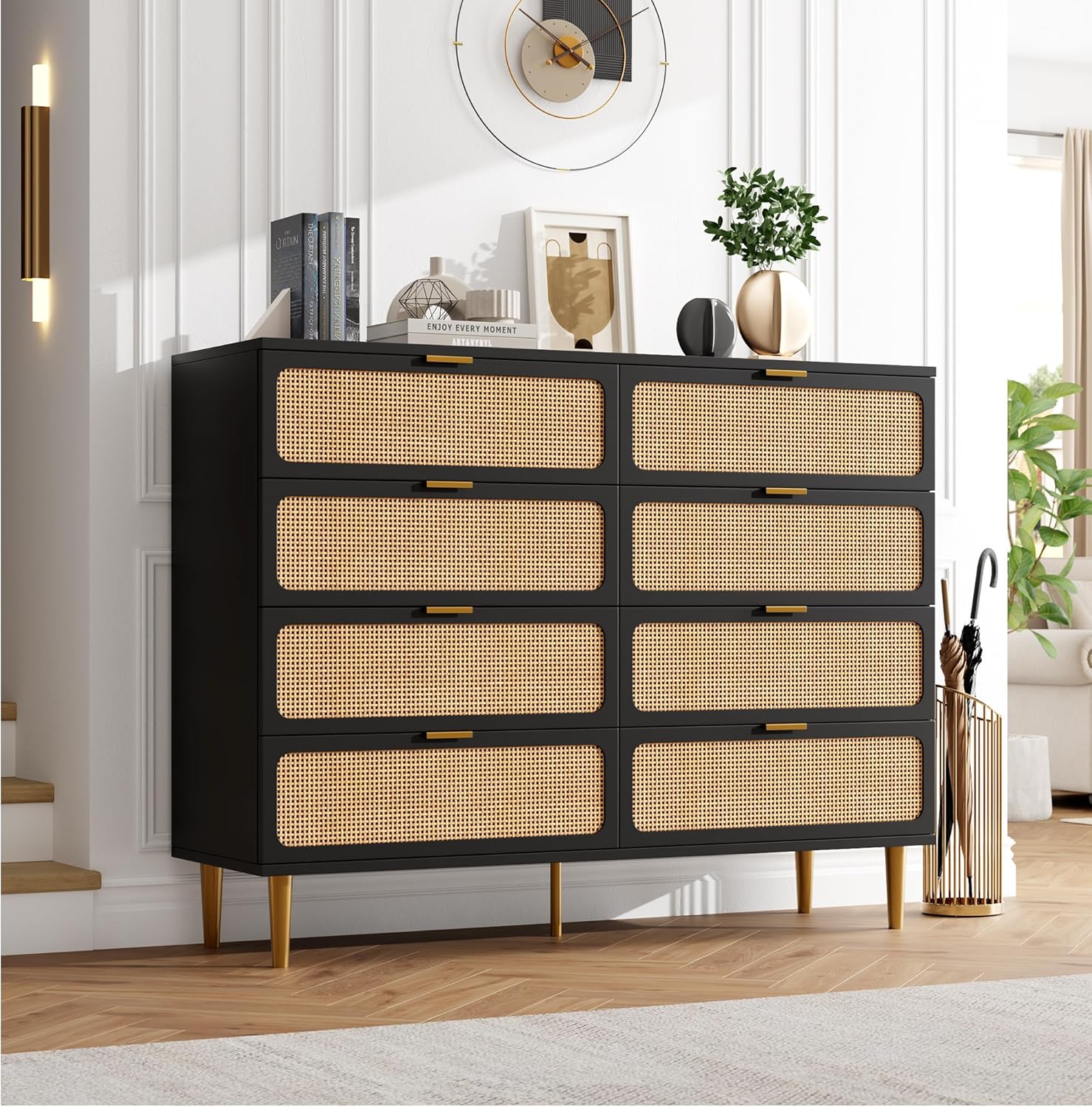 Garvee Rattan 8 Drawer Dressers for Bedroom, Tall Dresser with Deep Drawers, Large Chest of Drawers for Closet with Wide Top, Long Wooden Dresser for Living Room, Hallway, Kids Room, Black