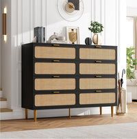 Garvee Rattan 8 Drawer Dressers for Bedroom, Tall Dresser with Deep Drawers, Large Chest of Drawers for Closet with Wide Top, Long Wooden Dresser for Living Room, Hallway, Kids Room, Black