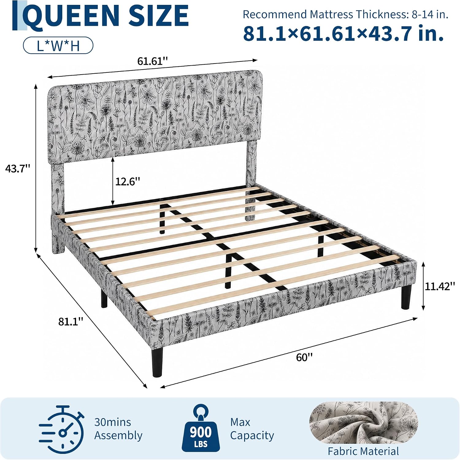 Garvee Botanical Print Upholstered Platform Queen Szie Bed Frame with Adjustable Headboard - Wood Slat Support, Noise-Free, No Box Spring Needed, Easy Assembly
