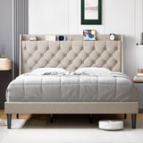 Garvee King Size Bed Frame with Charging Station and Wingback Storage Headboard, Button Tufted Upholstered Platform Bed with Adjustable Headboard, No Box Spring Needed, Noise-Free, Easy Assembly, Beige - Beige