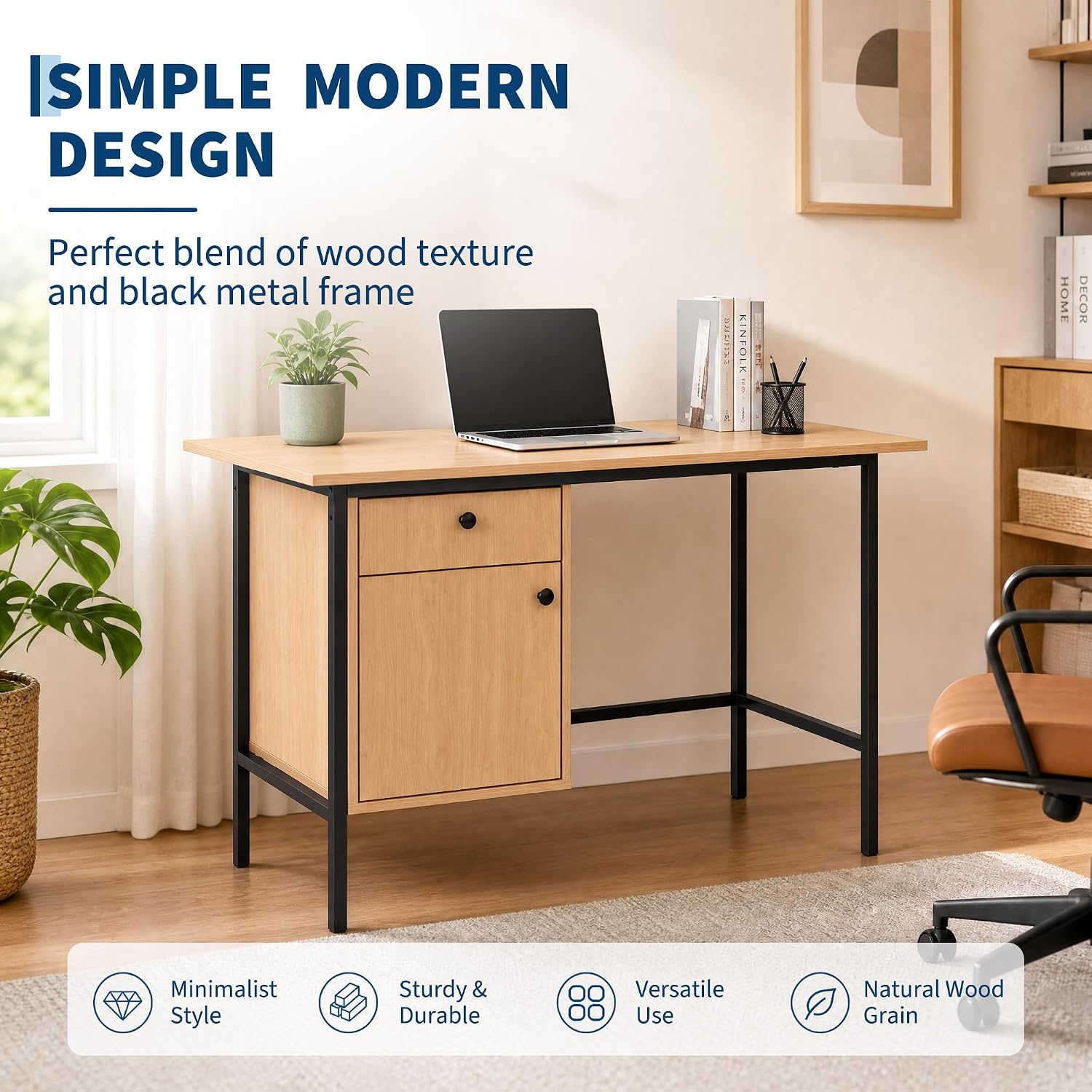 Garvee 47" Home Office Computer Desk with Drawer and Cabinet Storage | Simple Modern Desk for Bedroom, Home Office, Study, Writing, Study Table with Cabinet, Natural Oak+Black