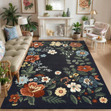 Garvee Floral Black 6x9 Area Rug Washable Living Room Rug, Non-Slip Non-Shedding Floor Carpet, Low Pile Foldable Stain-Resistant Printed Carpet for Bedroom Dining Room and Office - Black
