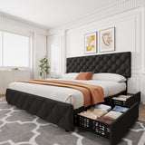 Garvee King Size Bed Frame with 4 Storage Drawers, Linen Upholstered Platform Bed Frame with Adjustable Headboard, Diamond Stitched Button Tufted, No Box Spring Needed, Black - Black