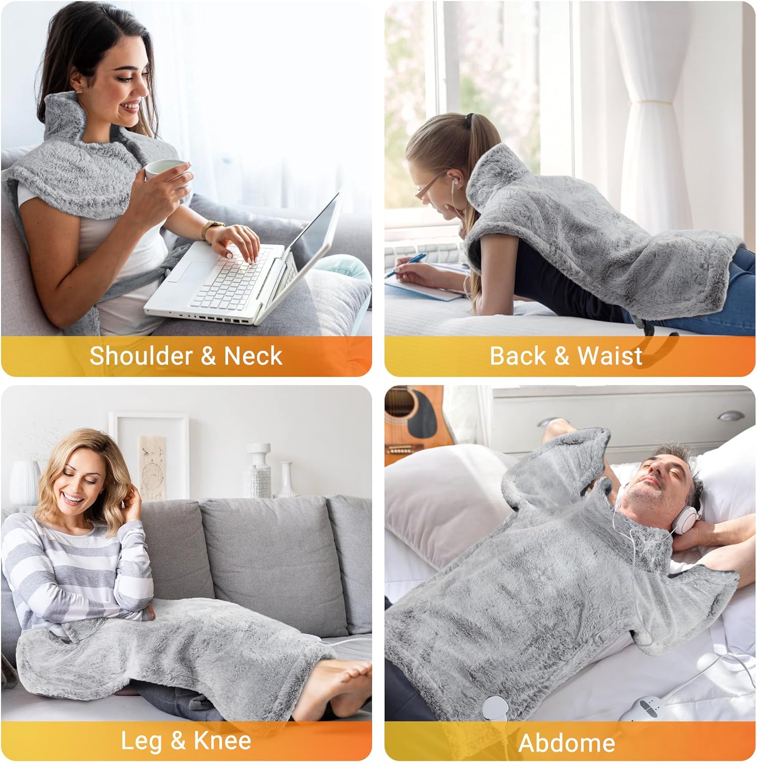 Garvee Massaging Heating Pad for Neck, Shoulders & Back, 24" x 35" Large Electric Heating Pad for Back Pain Relief with 3 Heat Levels, 4 Massage Settings, 2H Auto Shut-Off, 4 Massage Motors, Grey