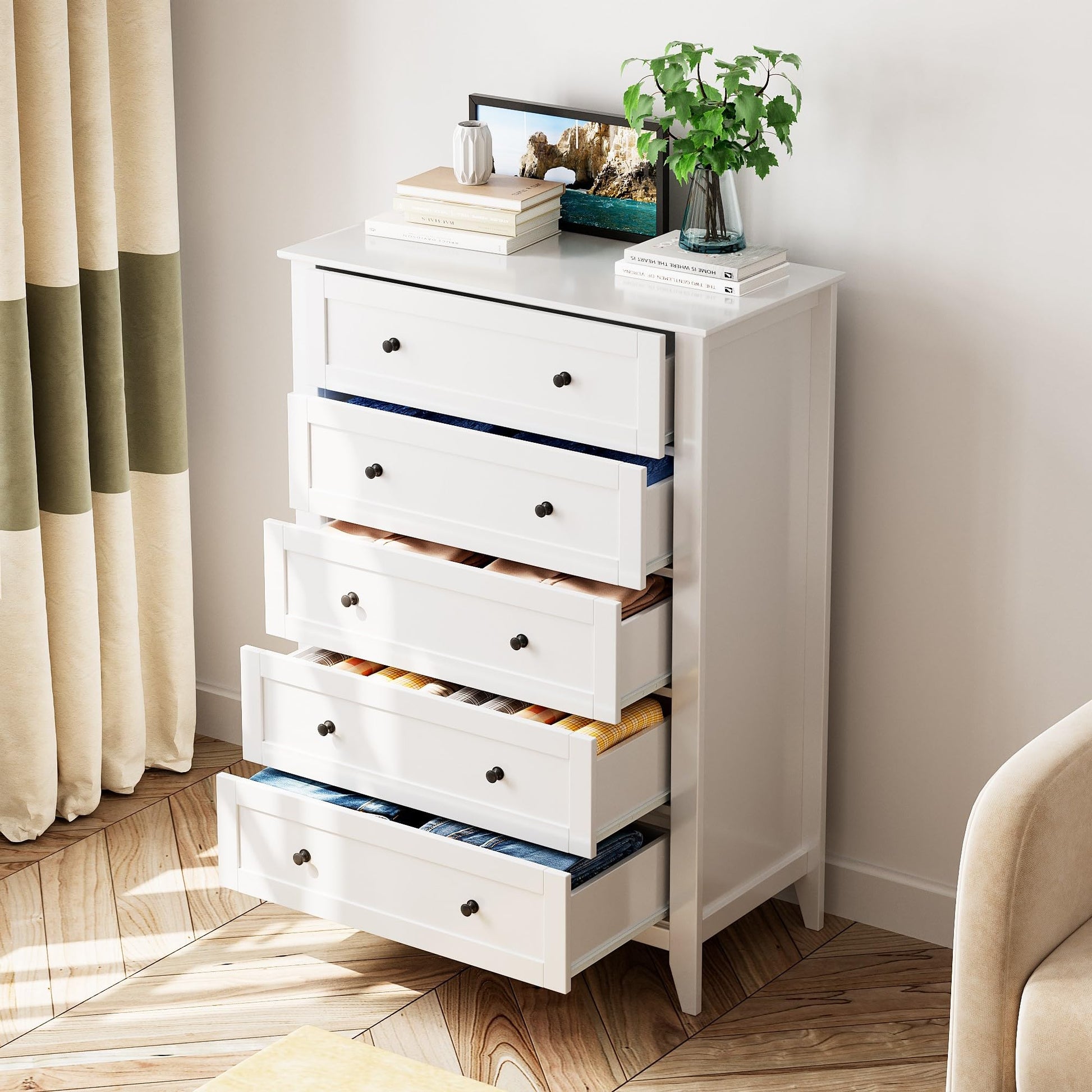 white tall dresser Qeetex 5 Drawer Dresser - White Dresser for Bedroom - 47.9inch Tall Dressers Chest of Drawers - Wood Tall Dressers with Metal Handle for Closet/Living Room/Entryway