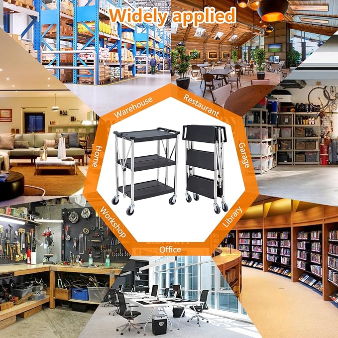 Garvee 3-Shelf Foldable Service Cart, 330Lbs Capacity, Lockable Swivel Wheels, Portable Utility Cart for Home, Office, and Warehouse