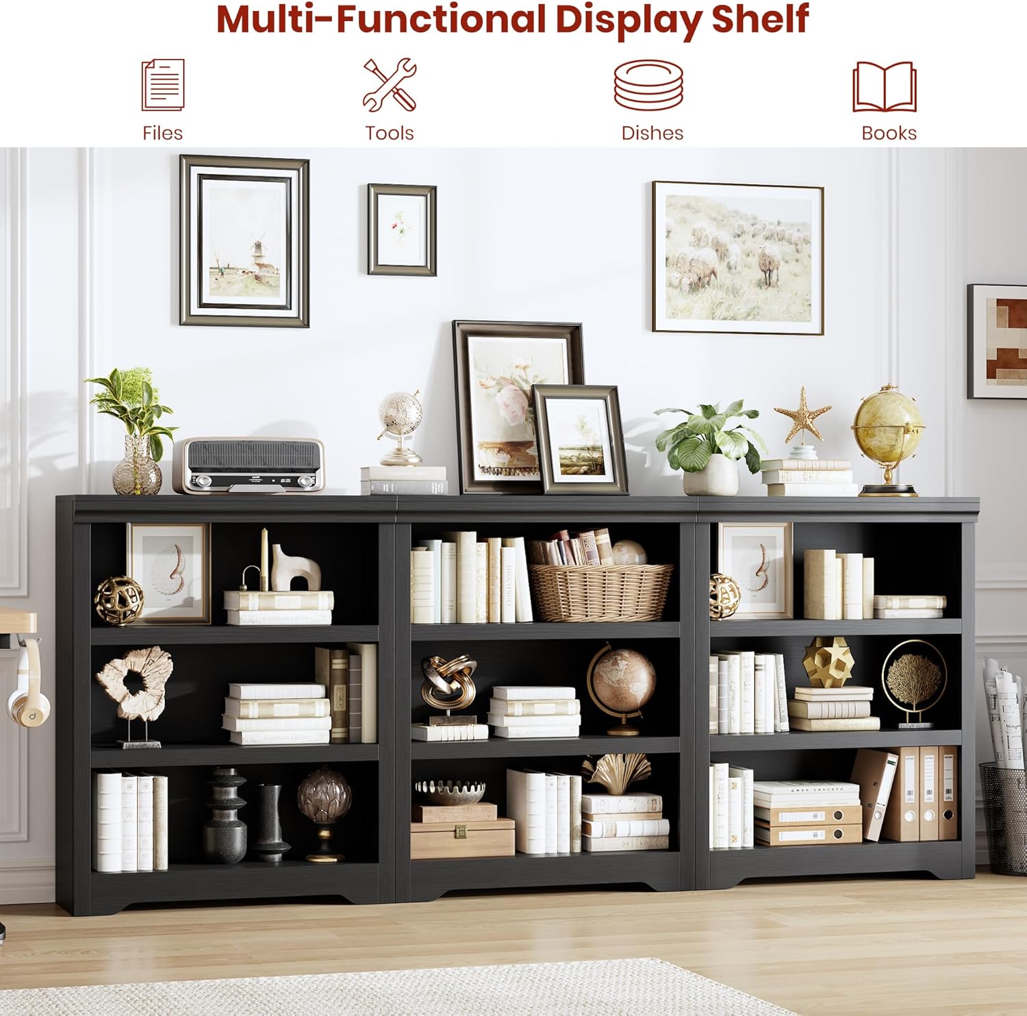 Garvee 3 Tier Bookshelf, 39.4" Tall Farmhouse Bookcase with Adjustable Shelves, 31.5" W Floor Standing Open Display Storage Rack with Anti-Slip Design for Home Office, Balcony, Library, Study / Living Room, Black