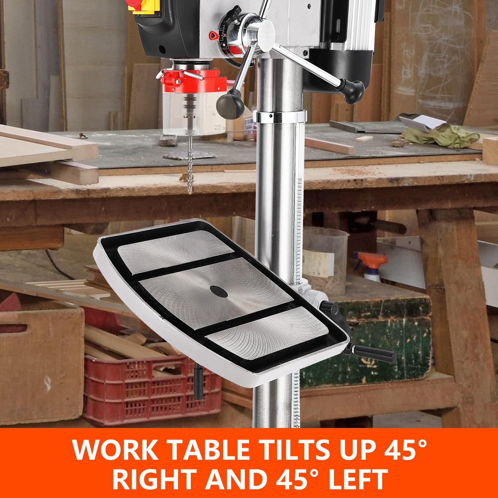17 Inch 12A Floor Drill Press, 200-3630 RPM, 0-45 Gegree Table