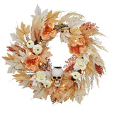 Garvee 22 Inch Halloween Wreath for Front Door, Halloween Skull Wreath with Lights White Pumpkins Roses, Halloween Decorations Fall Maple Leaves Wreath for Porch Window Indoor Outdoor Decor