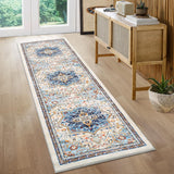 Garvee Washable Boho Tribal Runner Rug 2x6 - Non-Slip, Stain Resistant, Polyester, for Kitchen, Entryway, Hallway, Bathroom, Blue/Beige - Blue