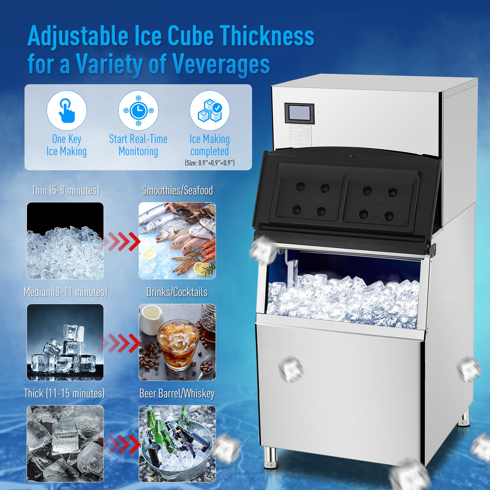 550LBS/24H ETL Commercial Ice Maker, 300LBS Storage, LCD - GARVEE