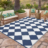 Garvee Outdoor Navy & White 8x10 Rug Waterproof Reversible Outdoor Plastic Straw Rug with 4 Stakes & Portable Bag Boho Patio Rugs Carpet RV Mat Outside for Patio Camp Balcony Deck Picnic - Navy & White