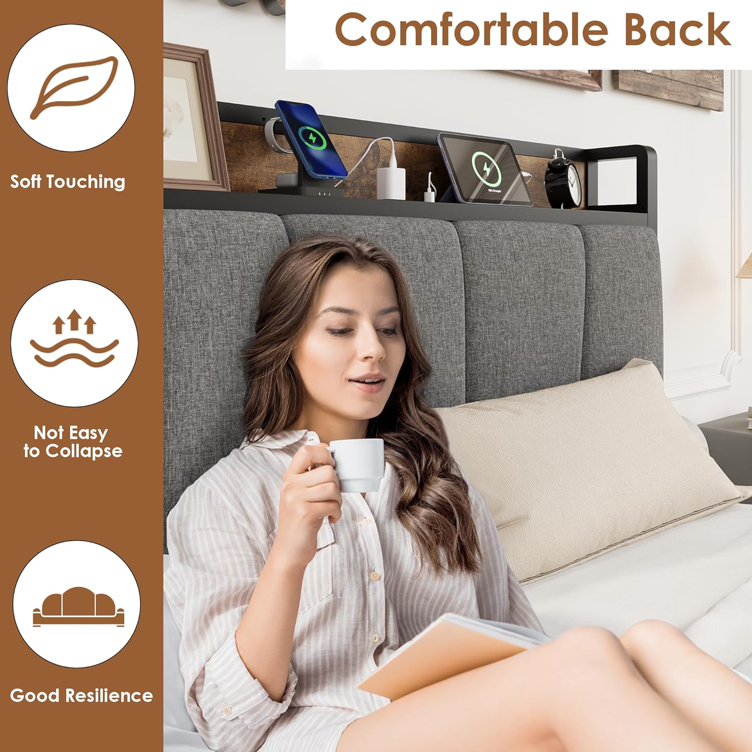 Garvee Twin Size Bed Frame with 2 Storage Drawers and Charging Station, Rustic Linen Upholstered Platform Bedframe with Storage Headboard, Heavy Duty, Easy to Assemble for Kids, Grey