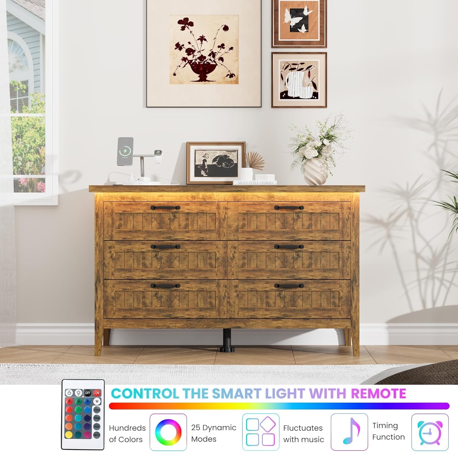 Garvee 6 Drawer Dresser with Power Outlet, Rustic Brown Dresser with LED Light, Modern Chest of Drawers for Closet, Double Wide Drawer Organizer Cabinet for Bedroom, Living Room