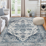 Garvee Washable Rug 8x10 Large Area Rug Blue Vintage Rug for Bedroom Geometric Carpet Rug for Living Room 8x10 Area Rug Gray Floor Mat Non-Shedding Anti-Slip Floor Cover - Blue