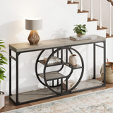 Garvee 55" Entryway Table with O-Shaped Metal Frame & Storage Shelves, Industrial 5-Tier Sofa Table for Living Room, 55 Inch, Rustic Black - Grey