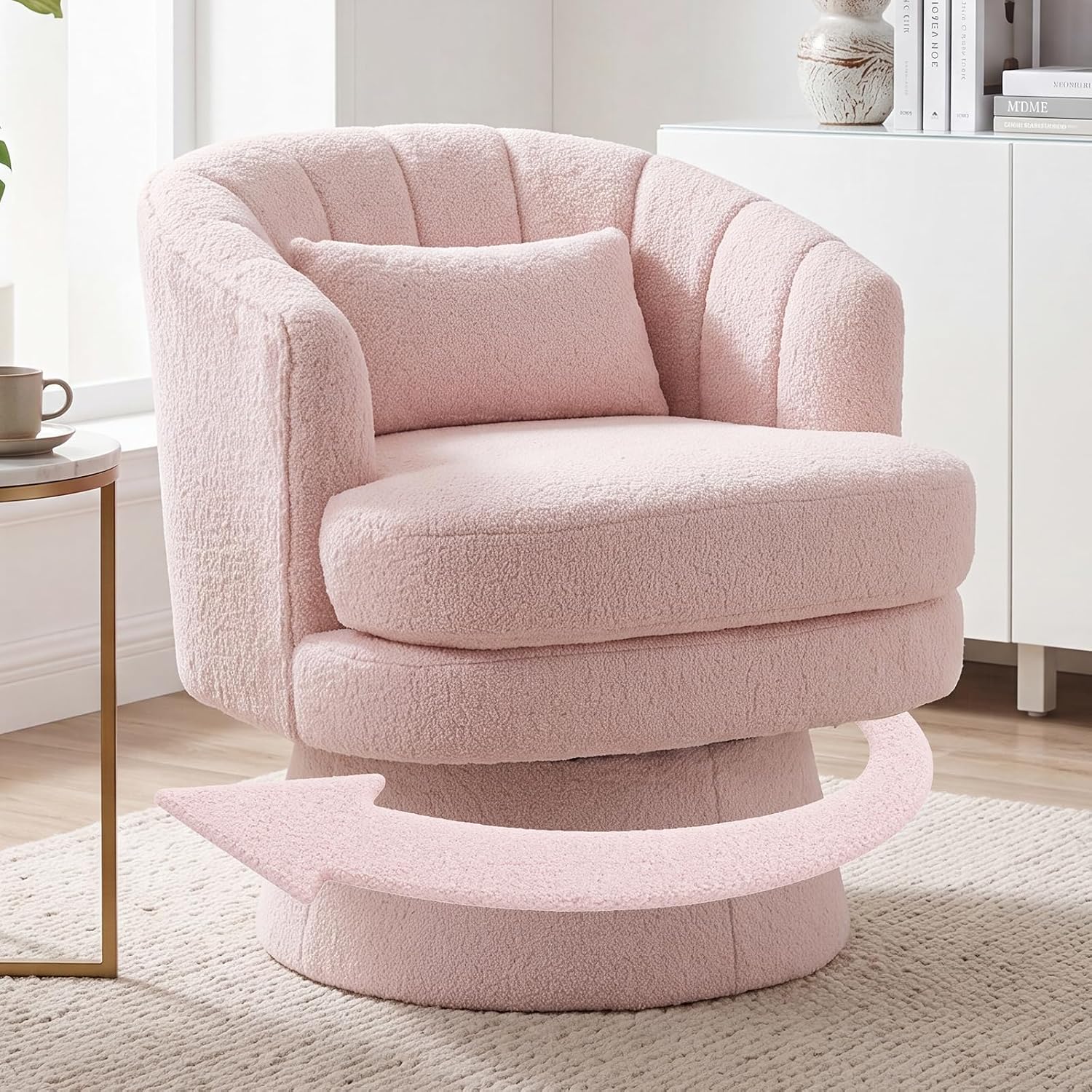 Garvee 360° Swivel Barrel Accent Chair with Lumbar Pillow, Soft Upholstered Single Armchair, Round Base for Living Room/Bedroom/Vanity - Waist Pillow | Stuffed Fur | Pink