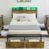 Garvee Queen Bed Frame with RGB Lights, 6 Drawers, Headboard and Fast Charger - Rustic Brown, No Box Spring Needed, Easy Assembly with Storage