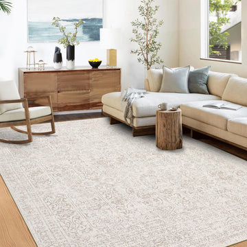 Garvee 9x12 Area Rug Large Washable Indoor Carpet with Non-Slip Backing, Non-Shedding Oriental Distressed Printed Rug, Traditional Medallion Area Rug for Living Room, Bed Room, Beige
