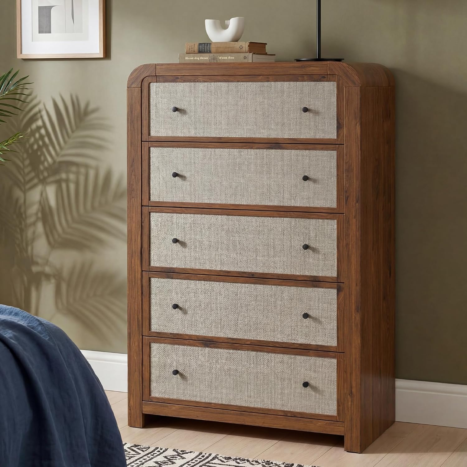 Garvee Tall 5-Drawer Dresser Chest for Bedroom, 47" Narrow Storage Organizer - Sturdy Wood Frame - Linen Drawer Fronts - Anti-Tip Kit, Walnut