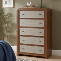 Garvee Tall 5-Drawer Dresser Chest for Bedroom, 47" Narrow Storage Organizer - Sturdy Wood Frame - Linen Drawer Fronts - Anti-Tip Kit, Walnut
