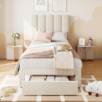 Garvee Twin Bed Frame With Under-bed Drawer, White velvet Upholstered Platform Bed with Wave Headboard for Kids / Girls, Wooden Slats Support, No Box Spring Needed, Beige