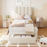 Garvee Twin Bed Frame With Under-bed Drawer, White velvet Upholstered Platform Bed with Wave Headboard for Kids / Girls, Wooden Slats Support, No Box Spring Needed, Beige - Velvet|Beige