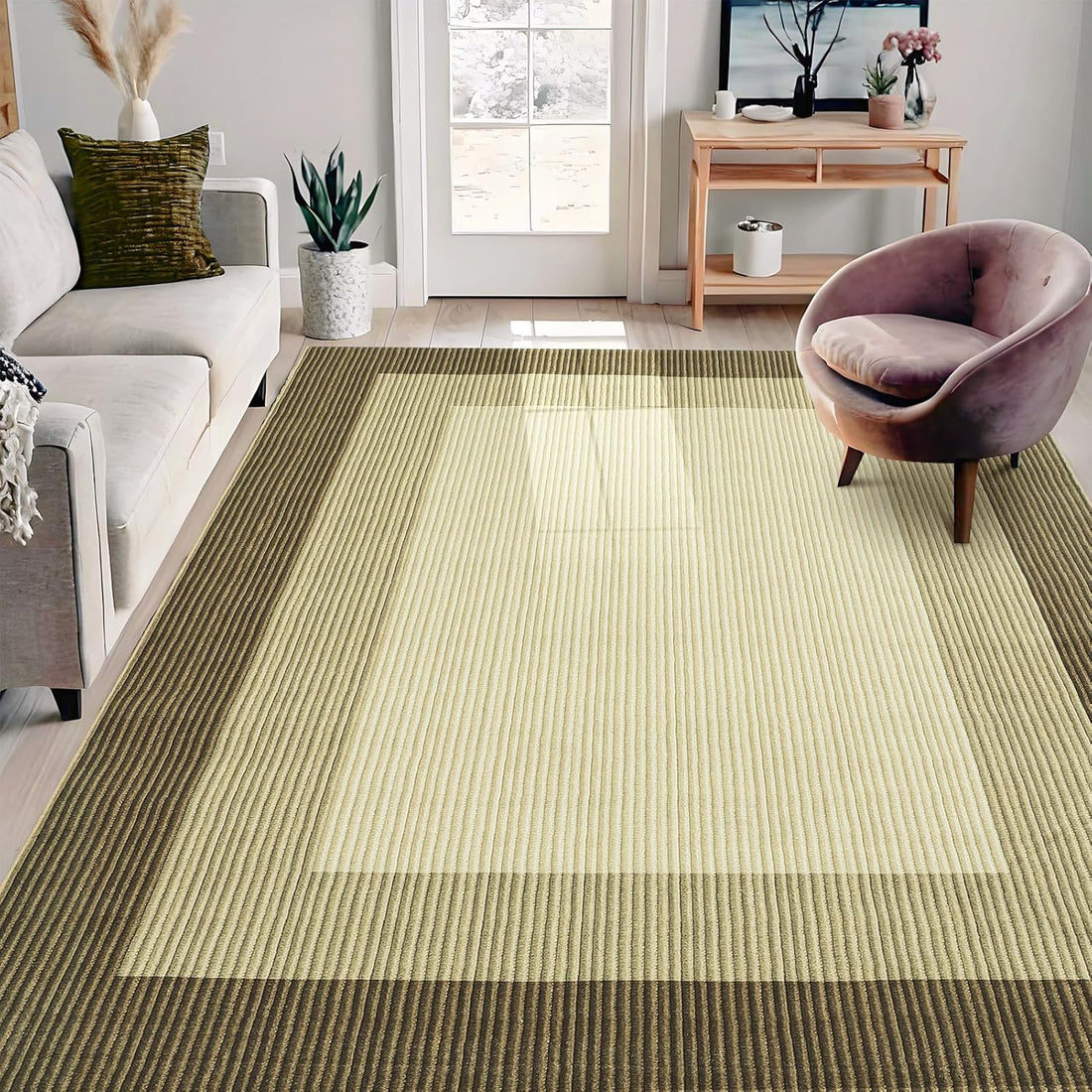 Garvee Bordered Abstract Linear Stain-Resistant Non-Slip Area Rug for Hallway, Bedroom, and Laundry with Ultra-Thin Low Pile Design