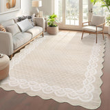 Garvee Scalloped Beige 5x7 Washable Rugs, Modern Geometric Living Room Rug, Stain-Resistant Faux Wool Floor Cover for Bedroom, Office, Kitchen - Beige