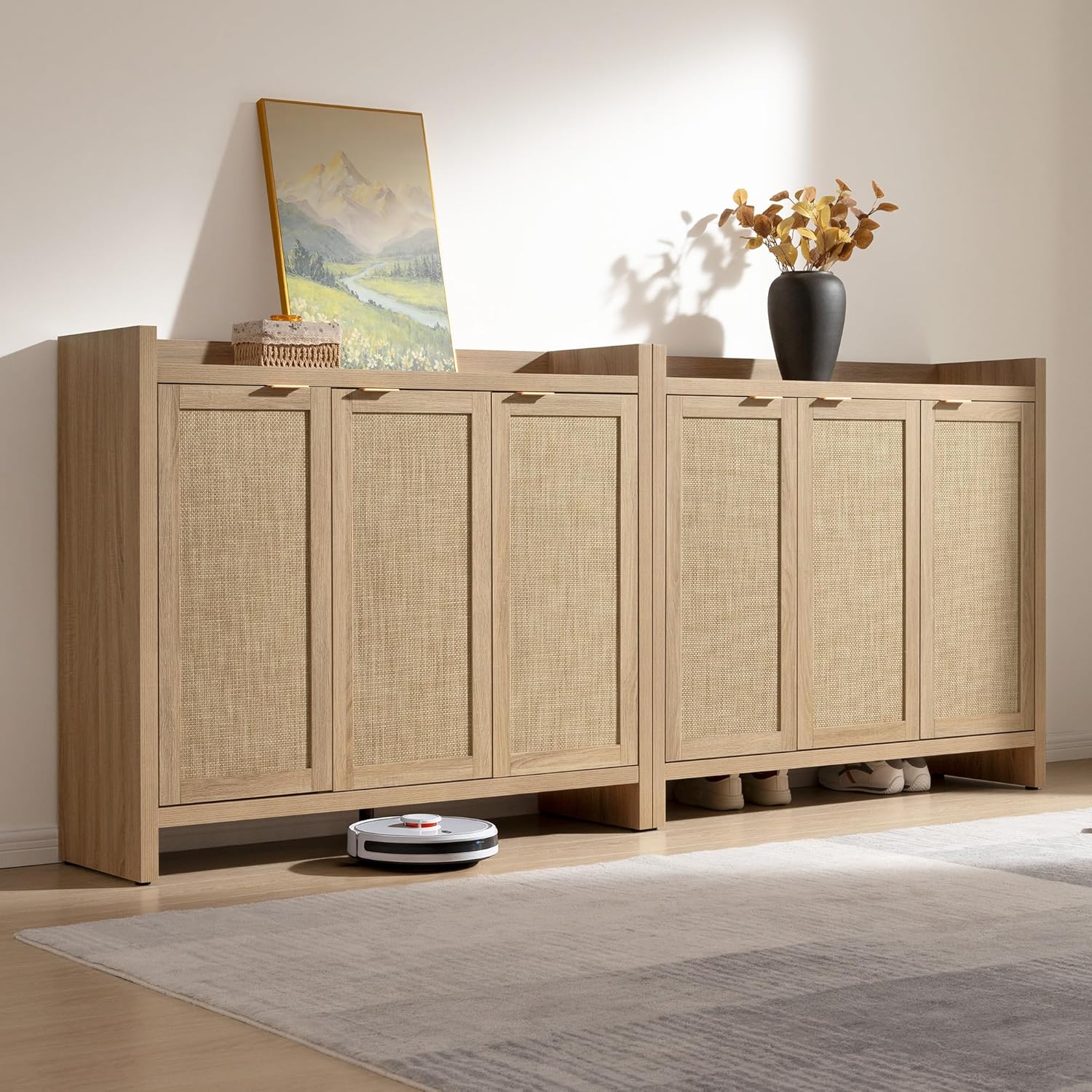 Garvee Boho 47" Rattan Shoe Storage Cabinet with 3 Doors and Adjustable Shelves for Hallway Living Room, Light Oak