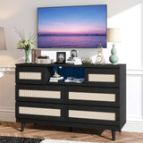 Garvee Natural Rattan Dresser for Bedroom with LED light and Charging Station, 6 Drawer Double Dressers, Modern Wooden Dresser Chest, Beside Table for Closet, Nursery, Living Room - Black - Black