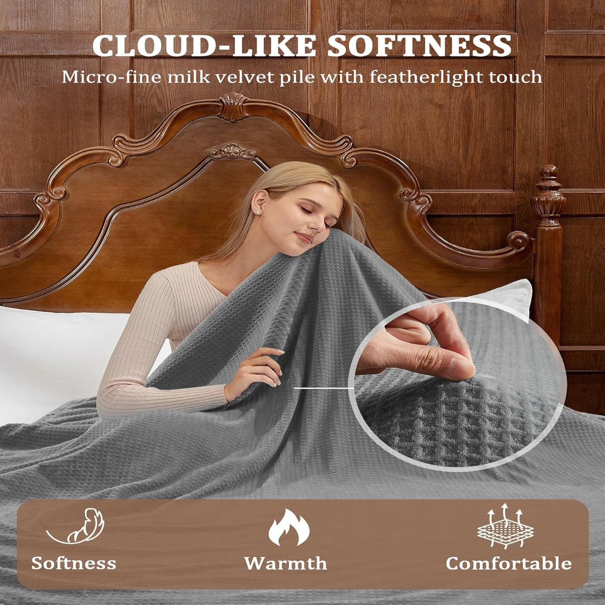 Garvee Heated Blanket Queen Size with Dual Control, Waffle Electric Blankets with ETL Certified, Soft Flannel Heating Blanket, 4 Heating Levels, 10 Hours Auto Off, Grey, 84"x90"