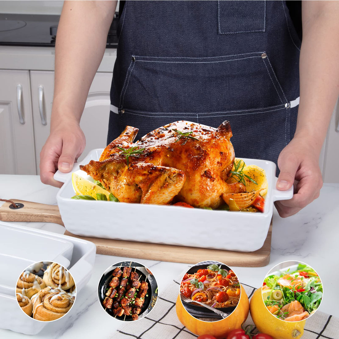 Garvee Ceramic Baking Dish Set of 3, Rectangular Casserole Dish for Oven with Handles, Deep Lasagna Baking Pans for Cooking, Kitchen, Cake Dinner, Banquet, Daily Use, White