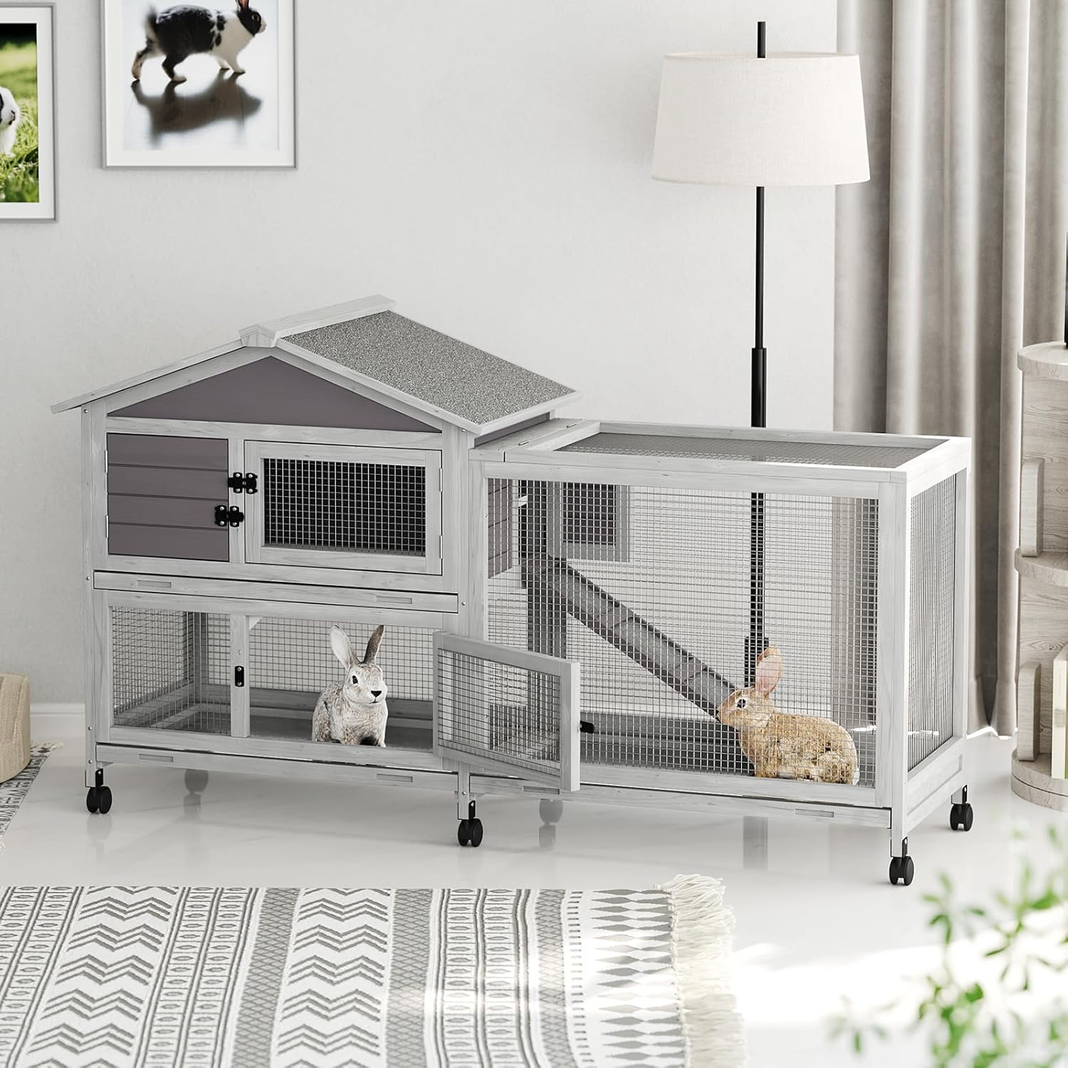 Garvee 63“ Rabbit Cage with Weatherproof Roof, 6 Lockable Caster